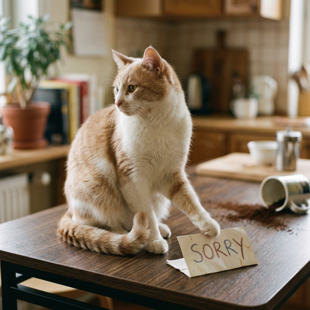 Cat beside handwritten note reading “SORRY” and spilled coffee